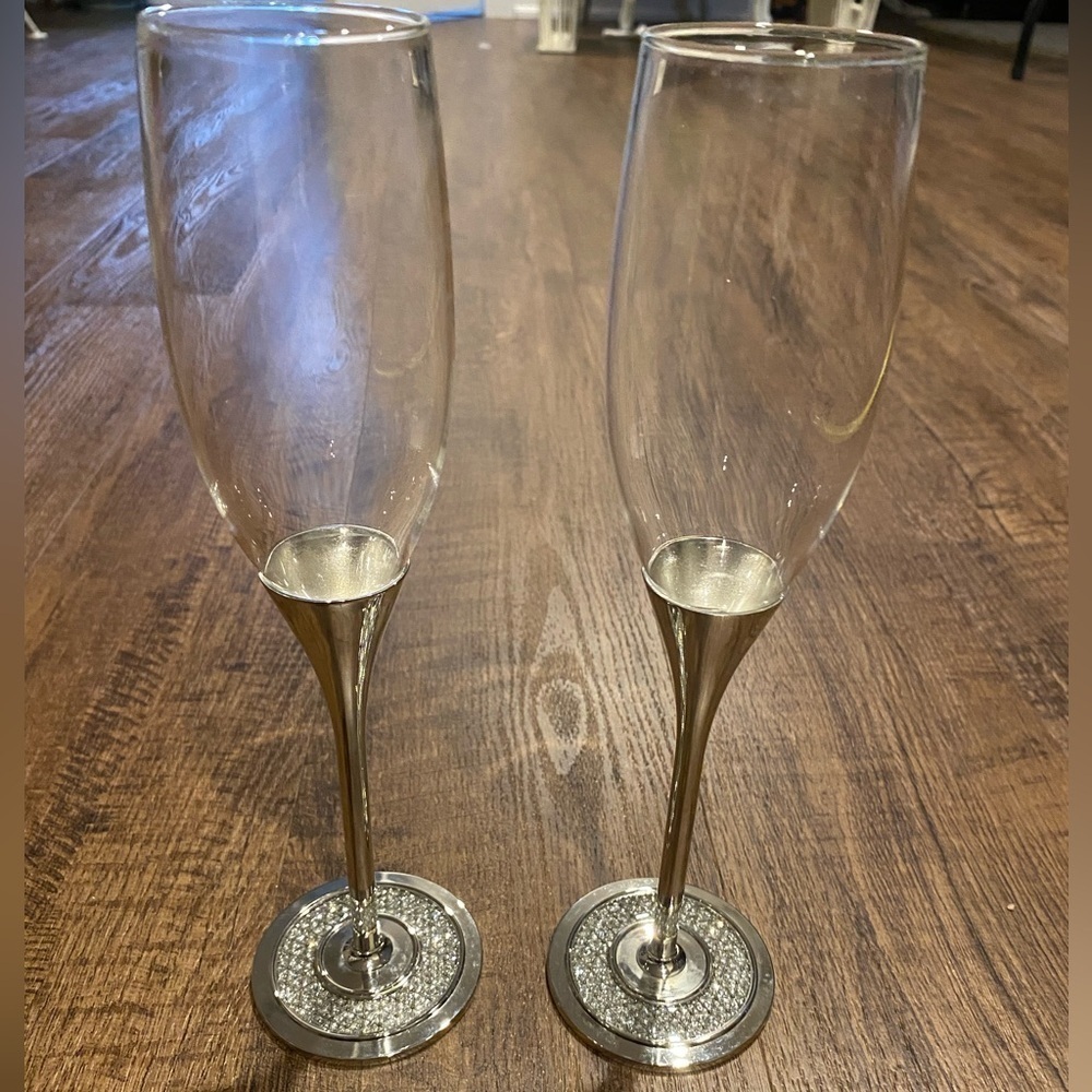 Papyrus Toasting Flutes with crystal sparkle silver tone stems WEDDING Like New